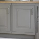 Detailing of raised and fielded kitchen cabinet doors in grey