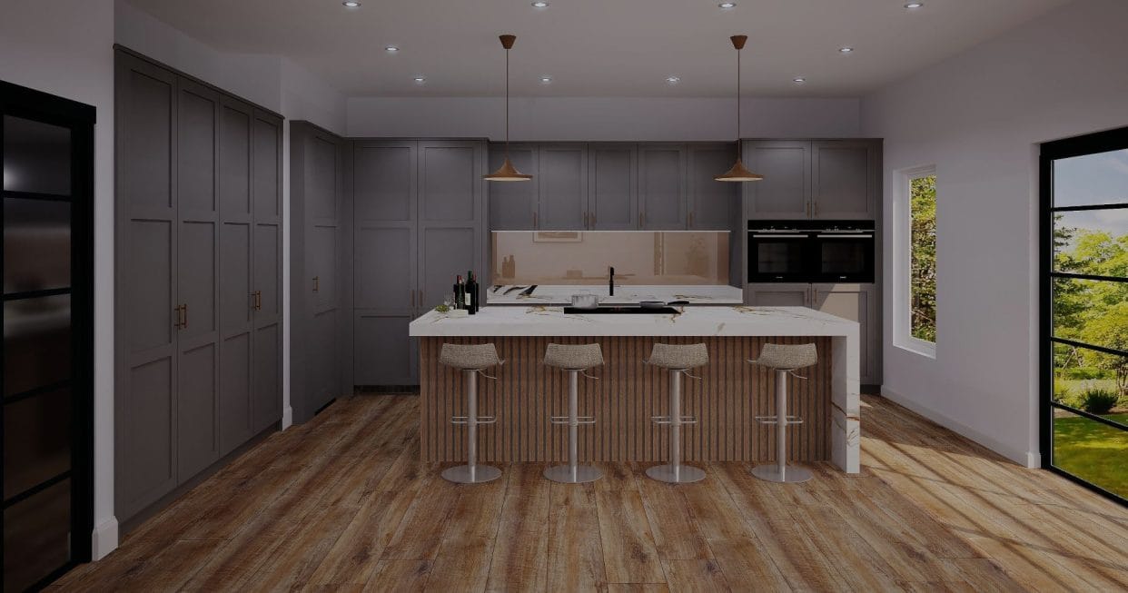 Computer-generated image of a sophisticated grey shaker kitchen with a marble-topped island and seating.