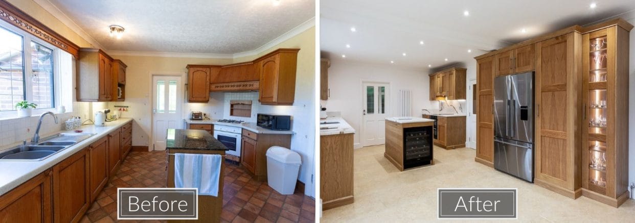 This kitchen/diner was transformed from two rooms into a single bright, modern space with oak shaker cabinetry, which maintained its intrinsic character. We completed all works including re-wiring, plumbing and plastering to give an immaculate finish. The luxury vinyl tile flooring was installed by Naos. 