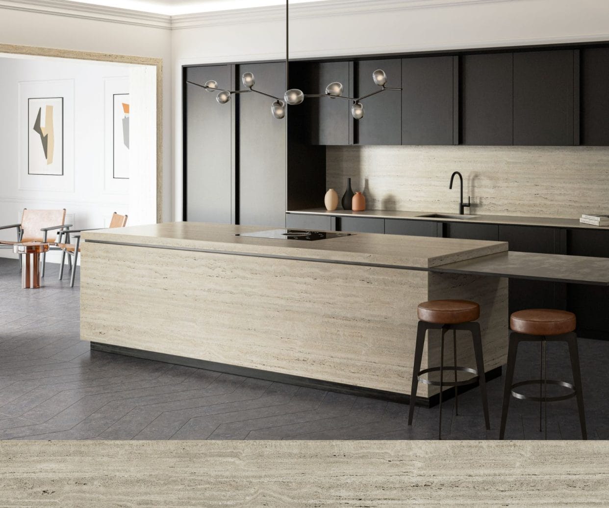 A stylish kitchen featuring Dekton Pietra Edition Nebu work surfaces and wall cladding.