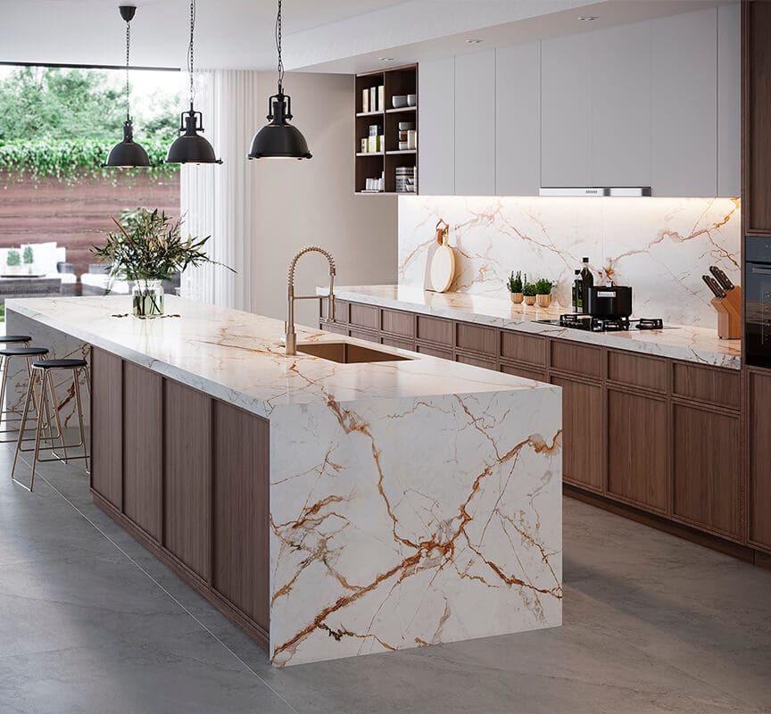 Dekton Onirika Awake demonstrated on both an island with waterfall edge and a splashback. The rust veining is paired with rich wooden cabinetry.