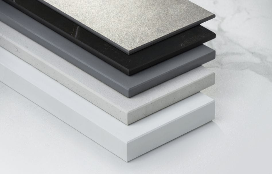 A stack of Dekton work surfaces demonstrating the choice of thicknesses available