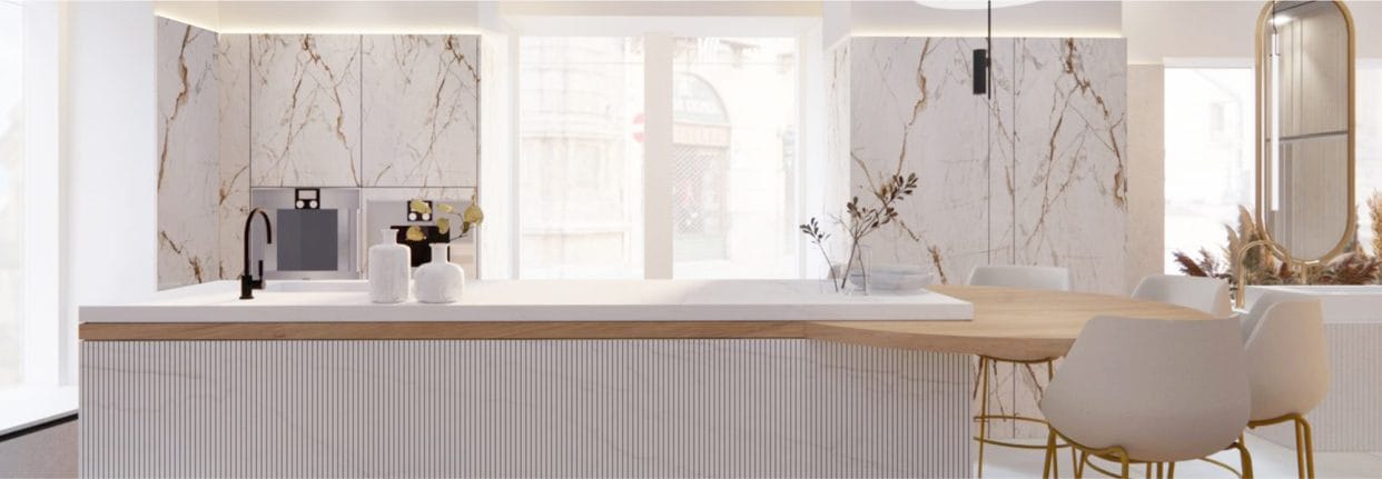 A modern kitchen featuring rust-veined Dekton wall cladding contrasted with understated white work surfaces