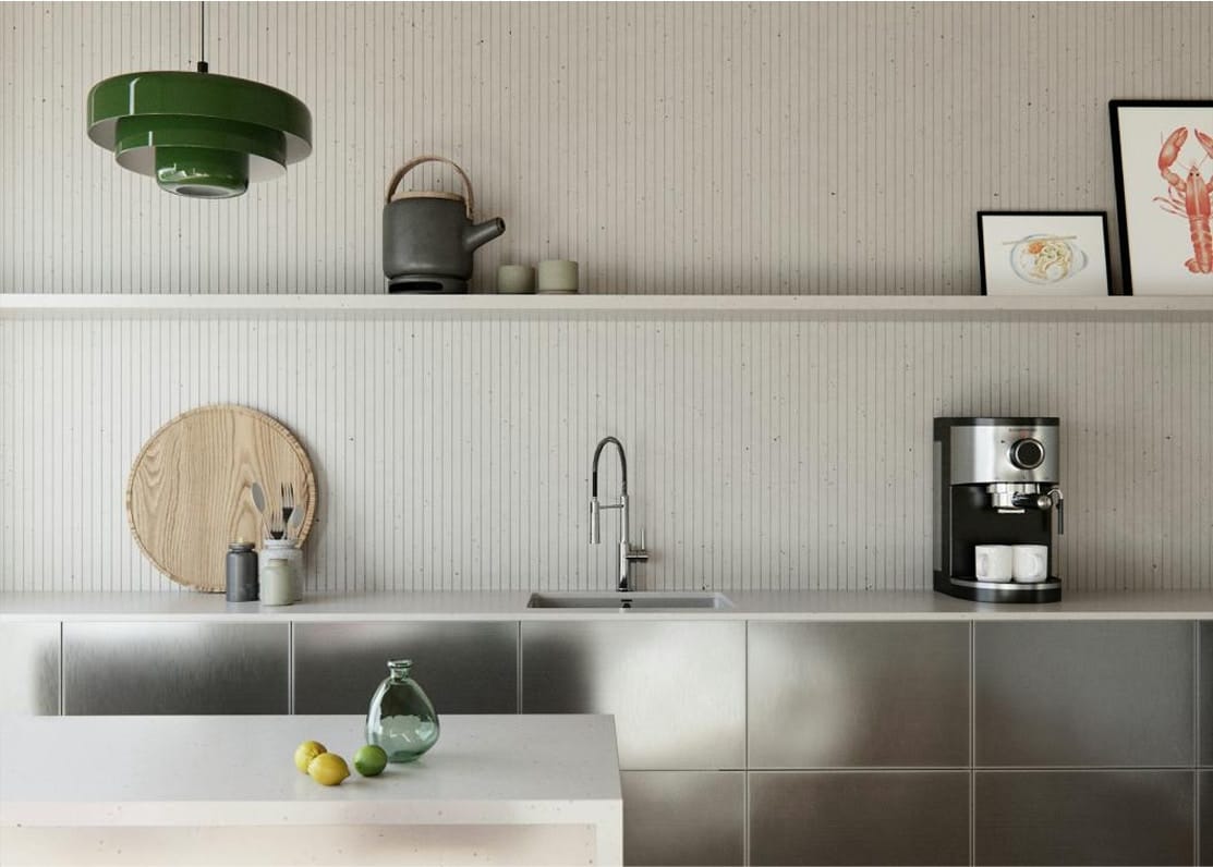 Dekton ribbed wall cladding demonstrated within a minimalist kitchen design