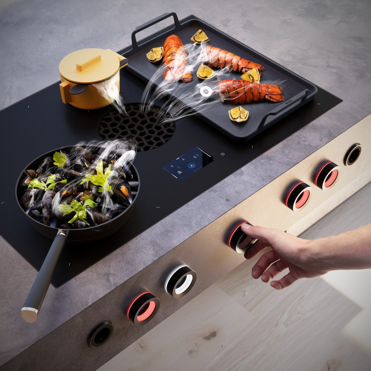 The BORA X Pure Max demonstrating the five cooking zones and cooktop extraction
