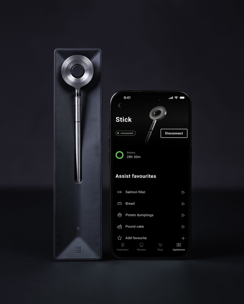 BORA Stick in its sleek charging port alongside the BORA One app displayed on a smart phone.
